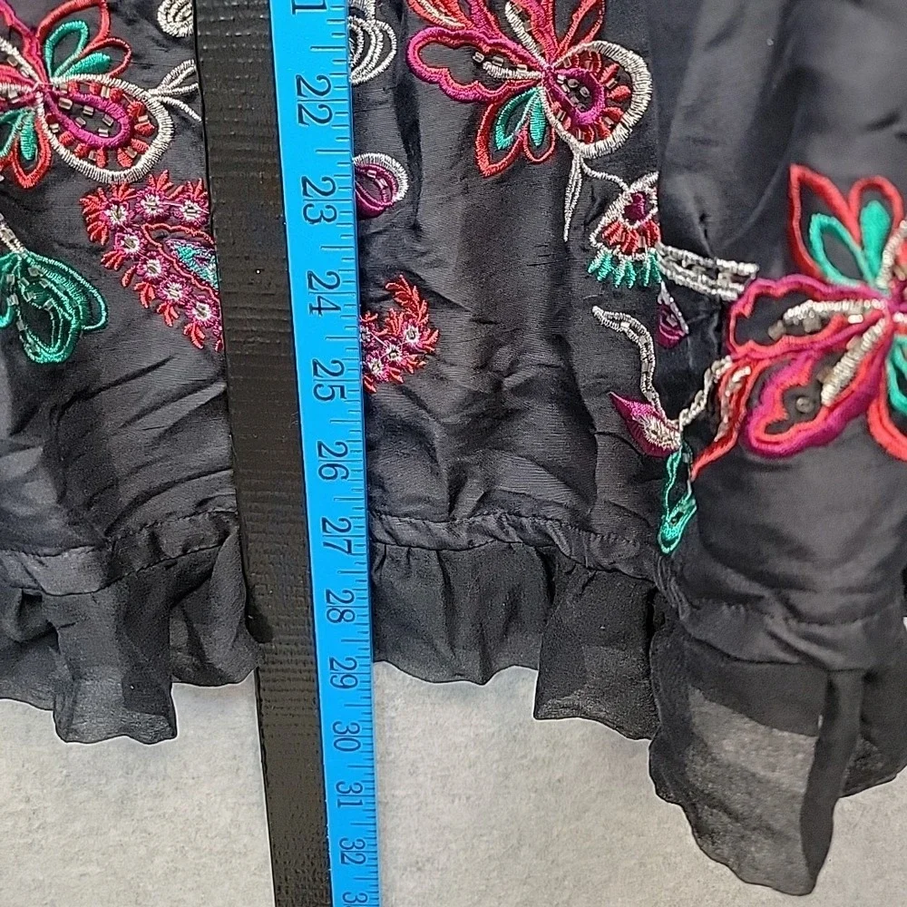 CAROLE LITTLE Silk Midi Skirt Black Embroidered Beaded Tiered Ruffle Size 6 Boho